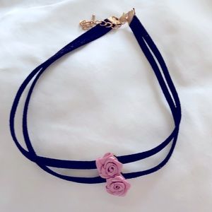PINK ROSE FLOWER PENDANT BLACK CHOKER NECKLACE